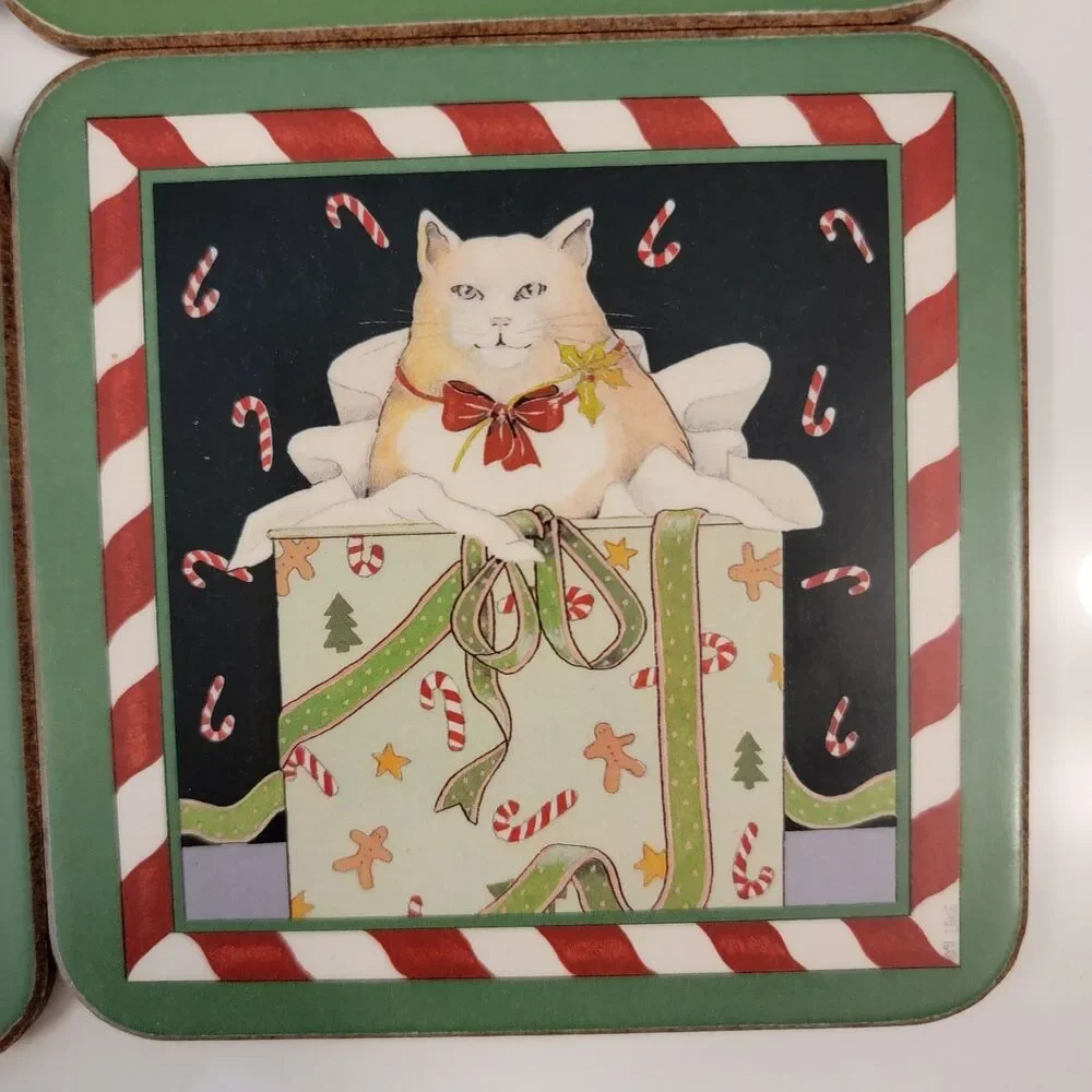 Pimpernel CANDY STICKS 6 Set Vintage Christmas Themed Cork Backed Wood Coasters
